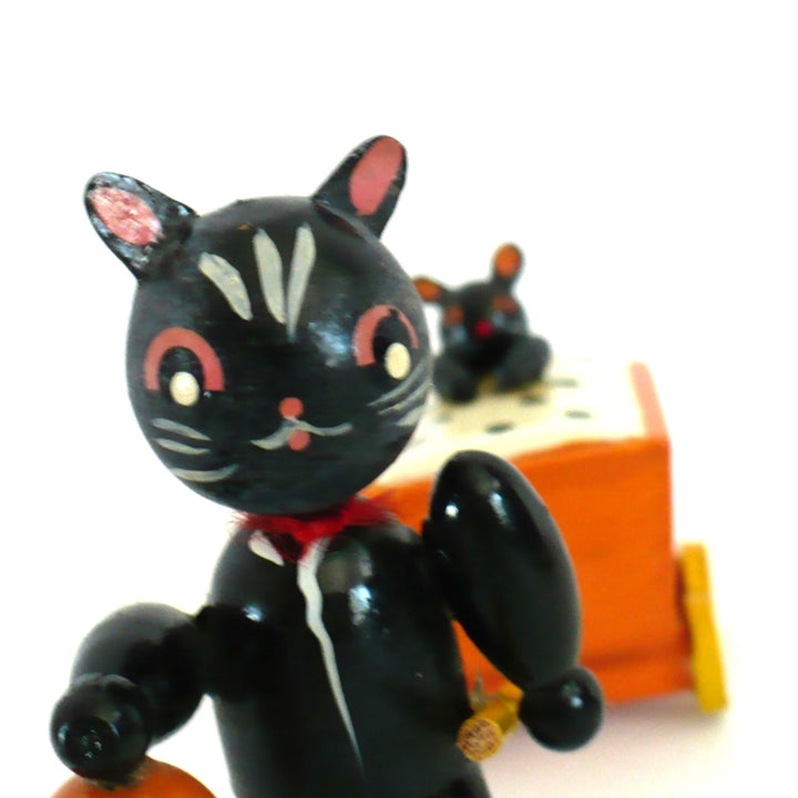 1980s Vintage Halloween Wood Black Cat & Kitten in Cart