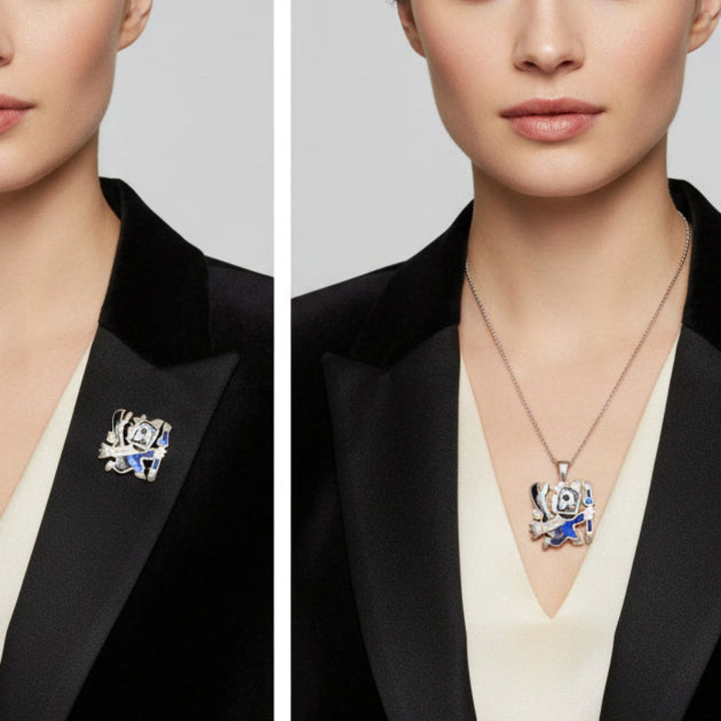 Vintage Enamel 925 Condor Peru Transformable Pendant Brooch attr. Laffi on a woman wearing it both ways.