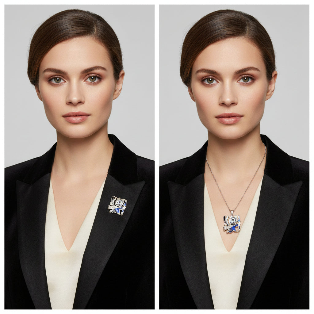 Vintage Enamel 925 Condor Peru Transformable Pendant Brooch attr. Laffi on a woman wearing it both ways.