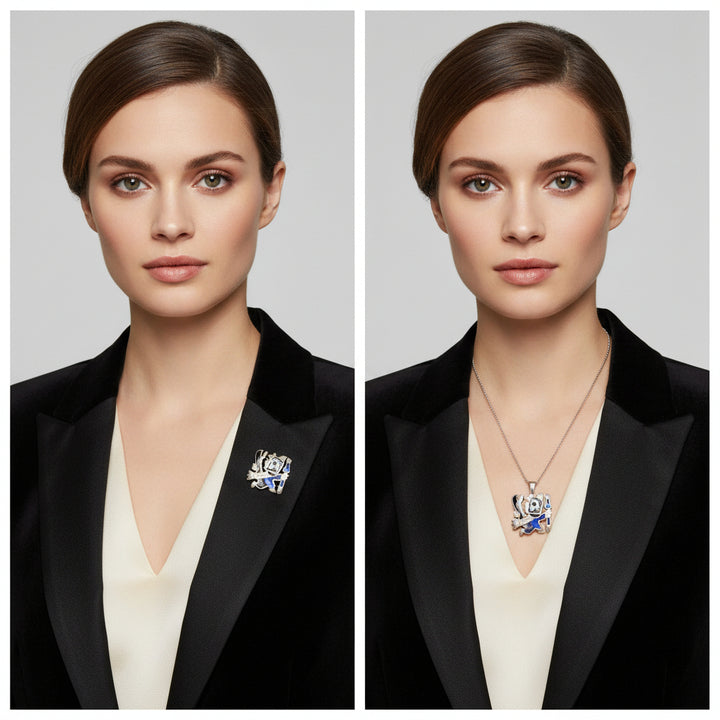 Vintage Enamel 925 Condor Peru Transformable Pendant Brooch attr. Laffi on a woman wearing it both ways.