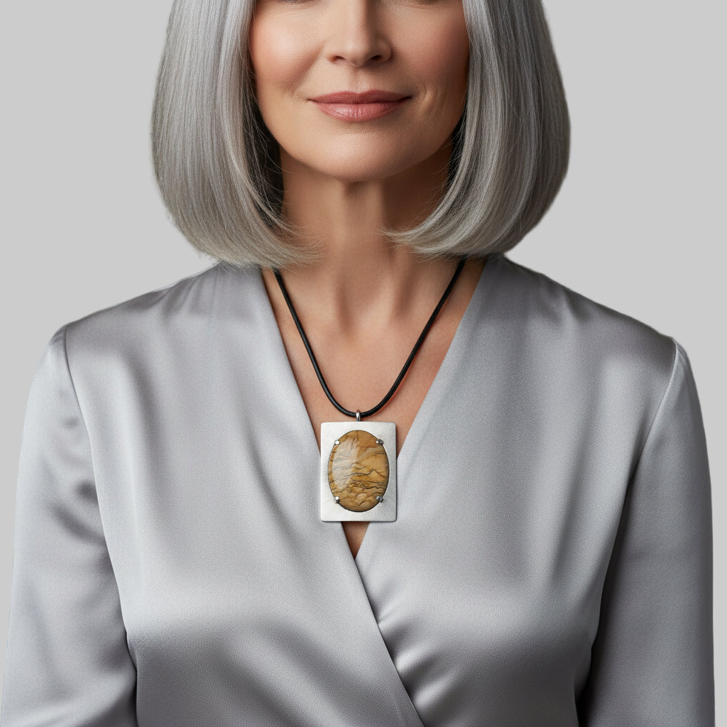 Transformable pendant and brooch on woman.