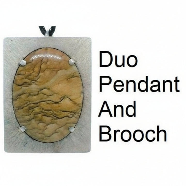 Duo pendant and brooch with wooden design on a white background
