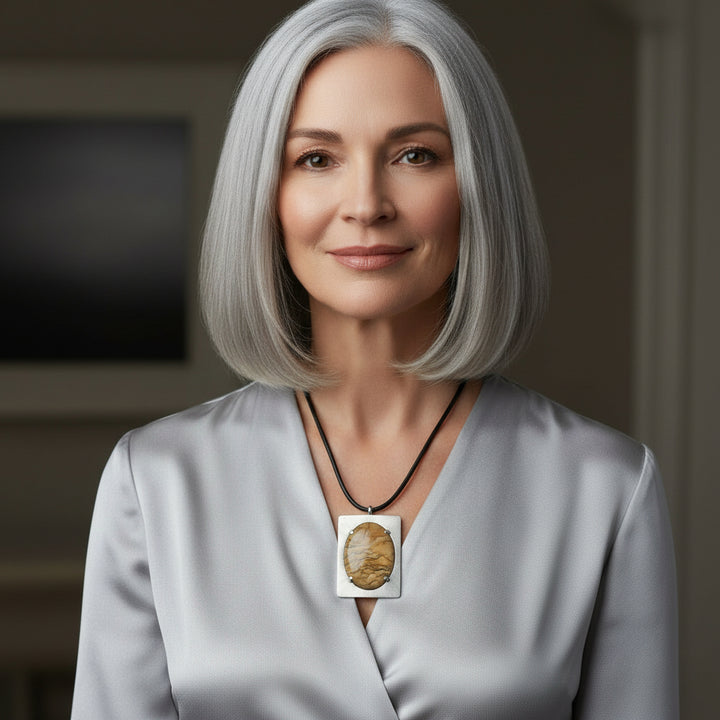 Woman wearing a njasper ecklace with a pendant, blurred background