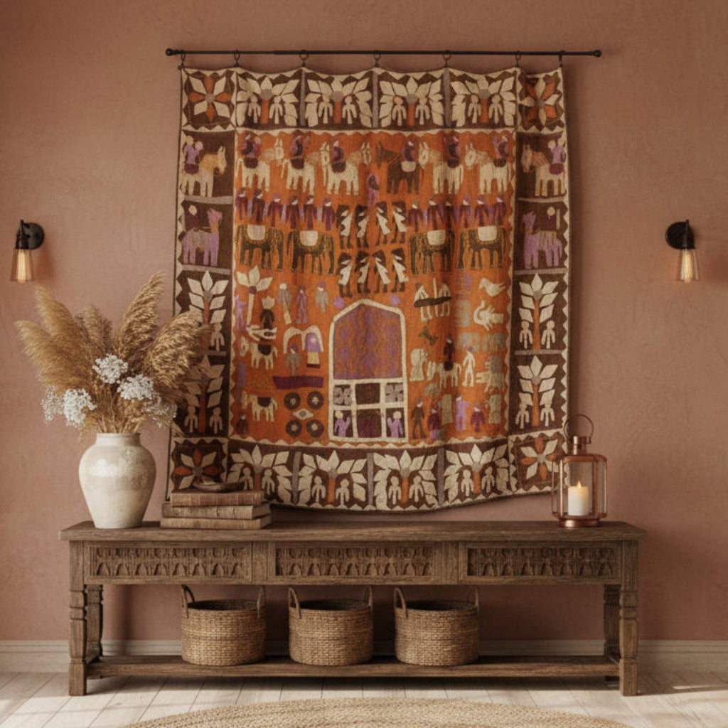 20th C. Kanduri Shrine Cloth of Uttar Pradesh displaed on wall.