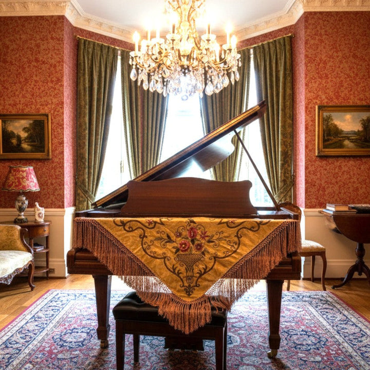Grand piano in a ornately decorated room with red walls, a chandelier, and framed pictures. Victorian piano shawl.
