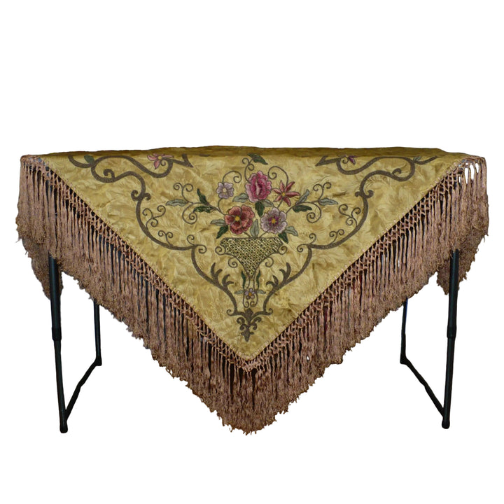 19th c. Antique Embroidered Silk Fringe Piano Shawl