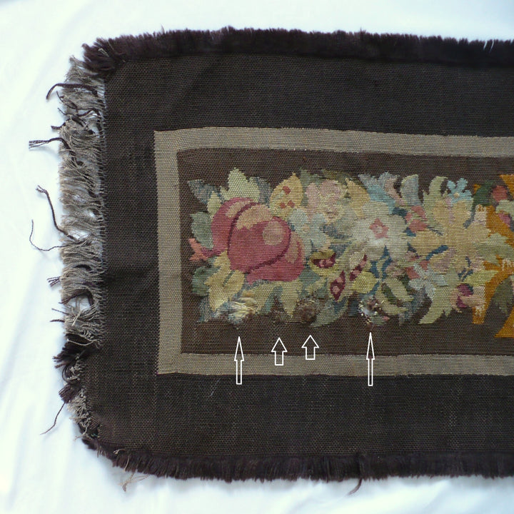 1800s Aubusson Textile, Hand-Woven Wool Panel, side close up C with arrows pointing to flaws.