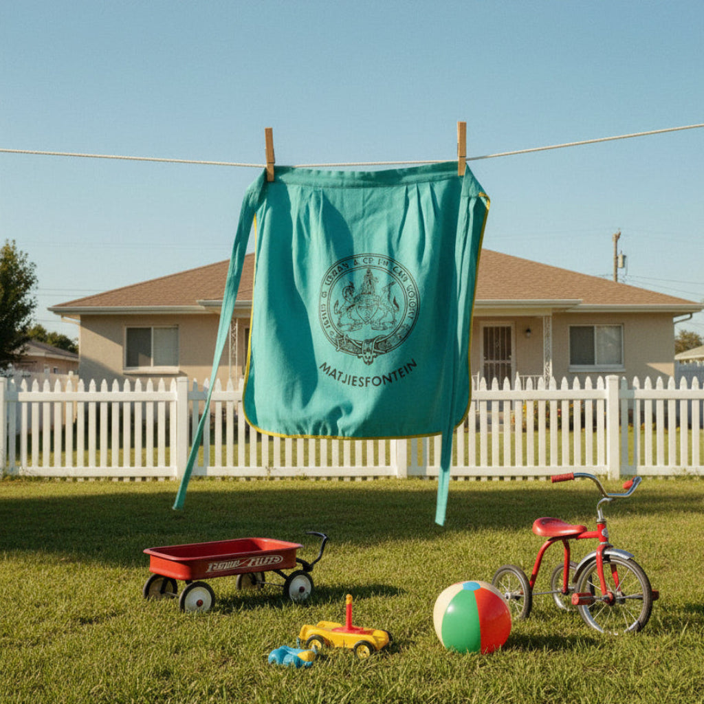 1950s Vintage Teal Matjiesfontein South Africa Souvenir Apron hanging on clothesline.
