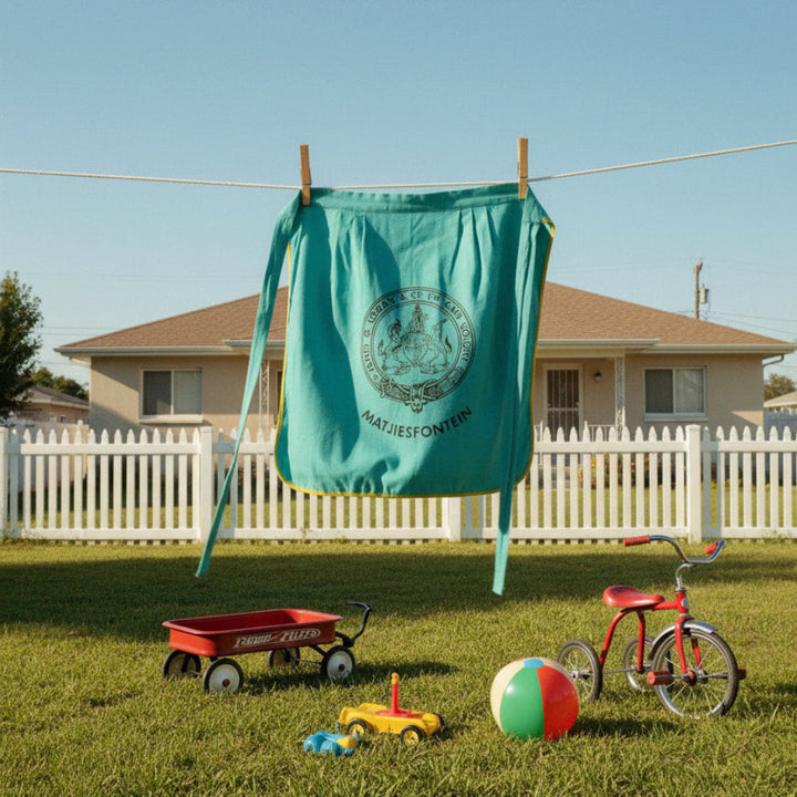 1950s Vintage Teal Matjiesfontein South Africa Souvenir Apron hanging on clothesline.
