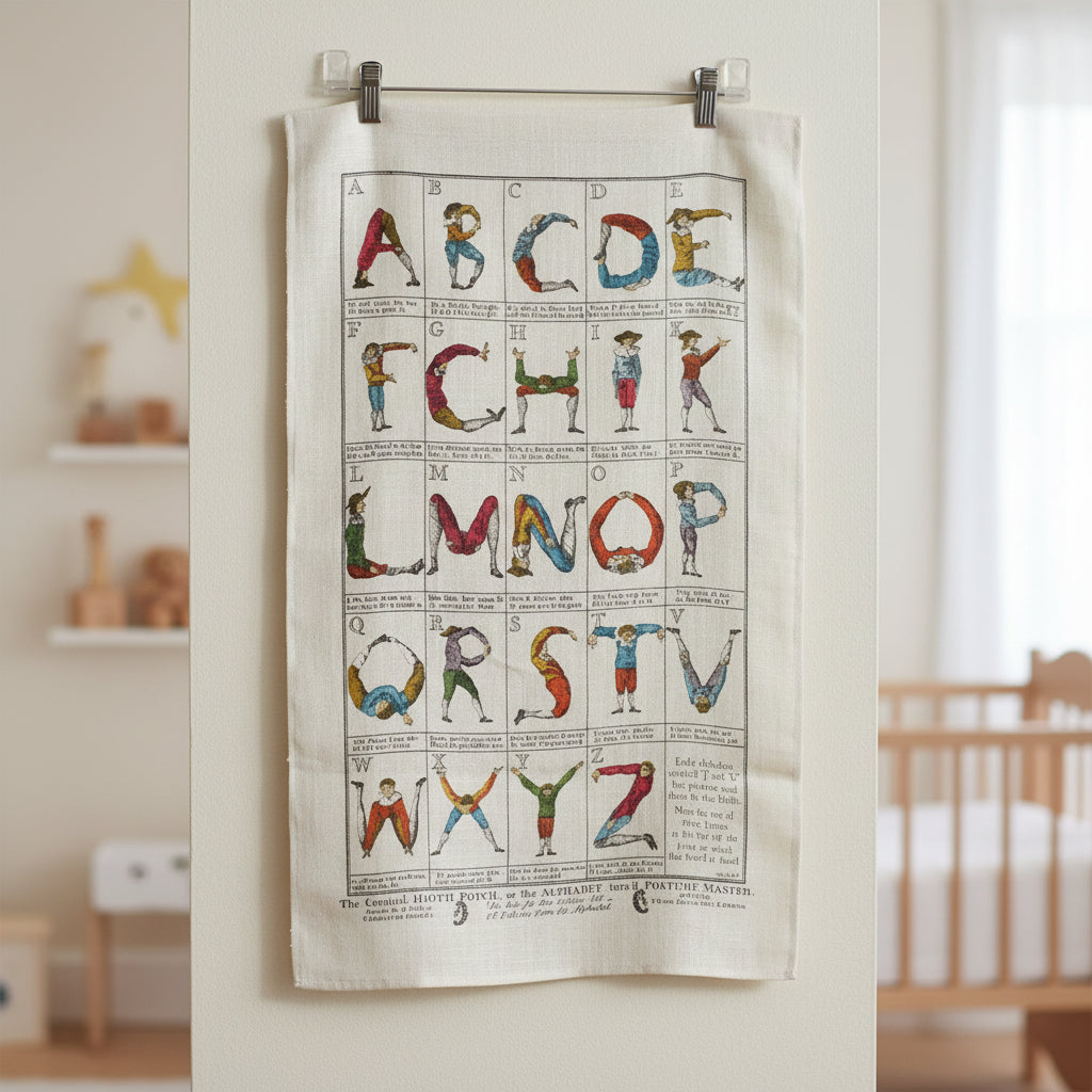 Colonial Comical Hotch-Potch Alphabet turn'd Posture-Master Tapestry 1990 Vintage Linen Nursery or playroom decor.