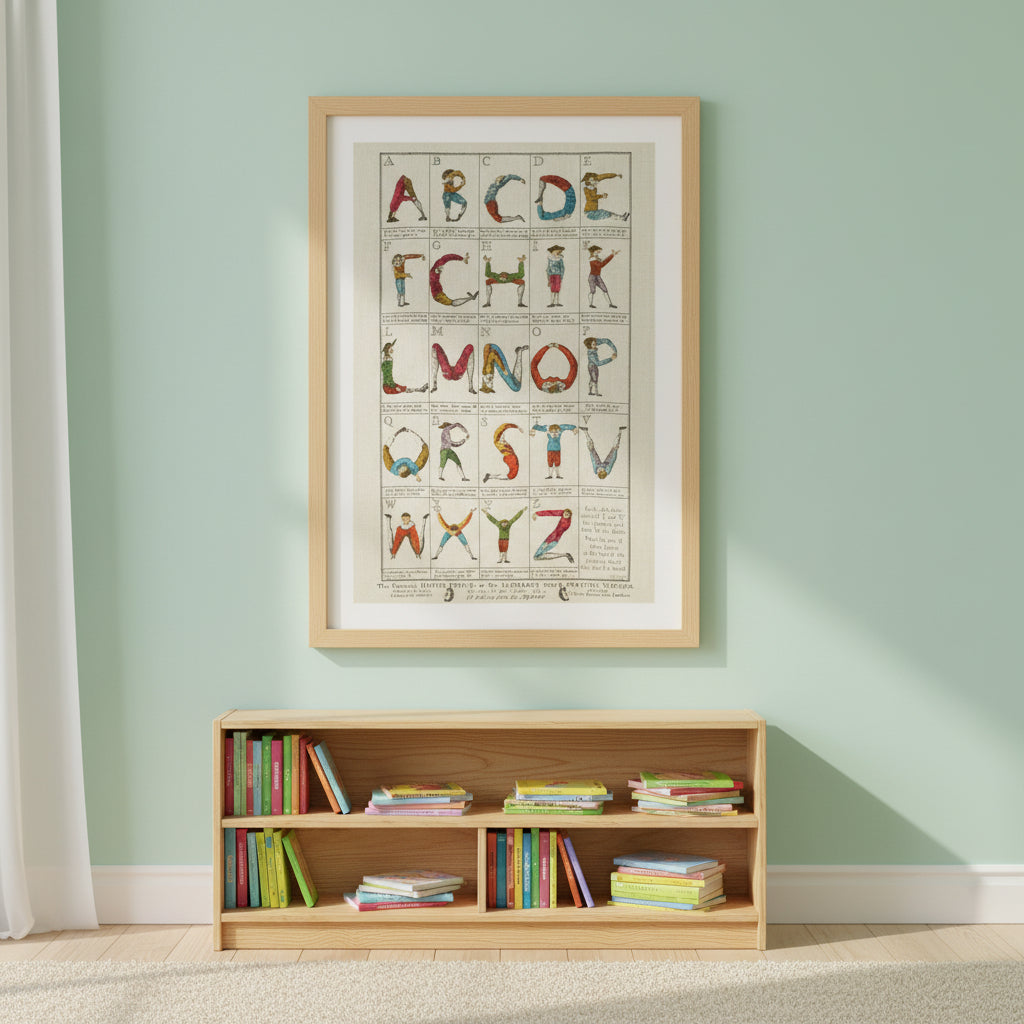 Colonial Comical Hotch-Potch Alphabet turn'd Posture-Master Tapestry 1990 Vintage Linen Nursery or playroom decor.