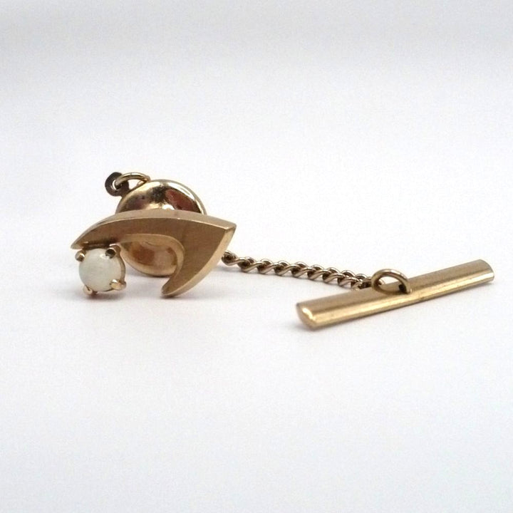 Vintage  opal 14 k soldi gold tie tack with chain and bar.