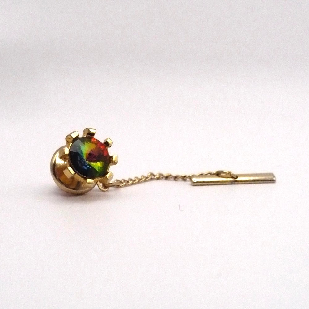 Vintage watermelon glass tie tack with chain and bar.