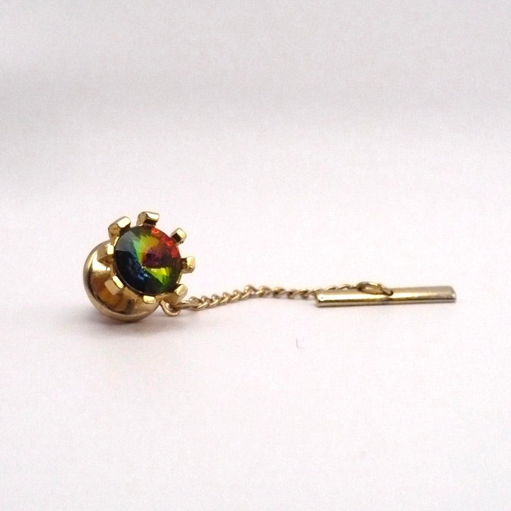 Vintage watermelon glass tie tack with chain and bar.