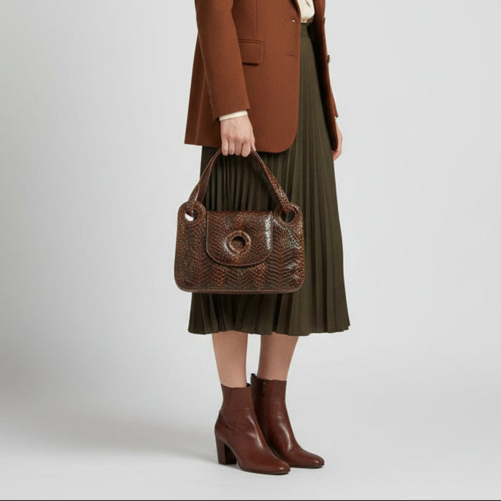 Person holding a Woman in a brown blazer and green skirt holding a1970s Vintage  Luxury leather and Snakeskin Python Purse Handbag on a plain  background wearing a brown coat, green skirt, and brown boots on a light gray background