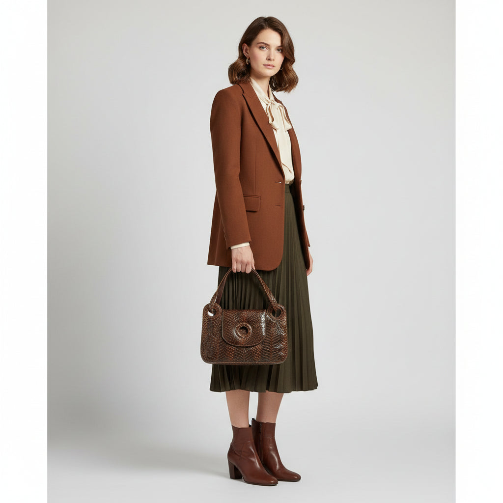 Woman in a brown blazer and green skirt holding a1970s Vintage  Luxury leather and Snakeskin Python Purse Handbag on a plain  background