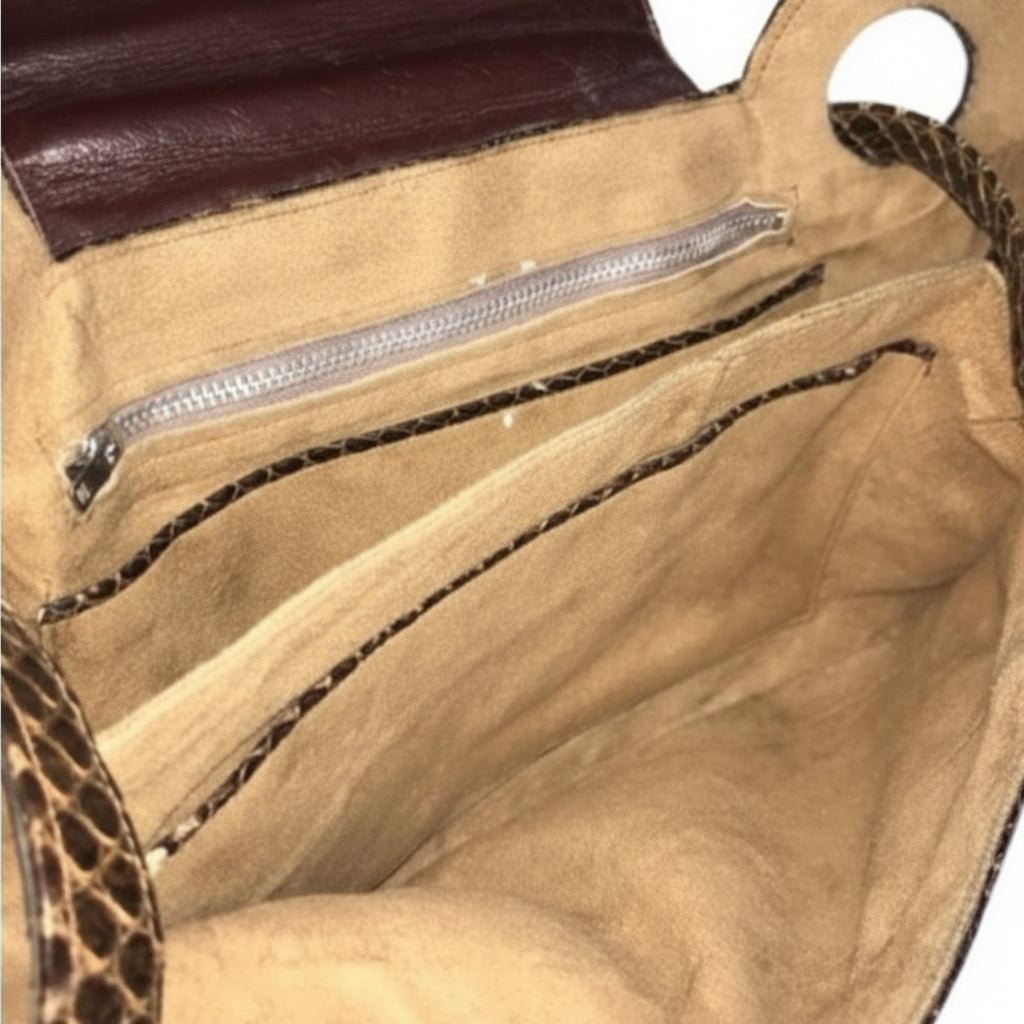 1970s Vintage  Luxury leather and Snakeskin Python Purse Handbag interior.