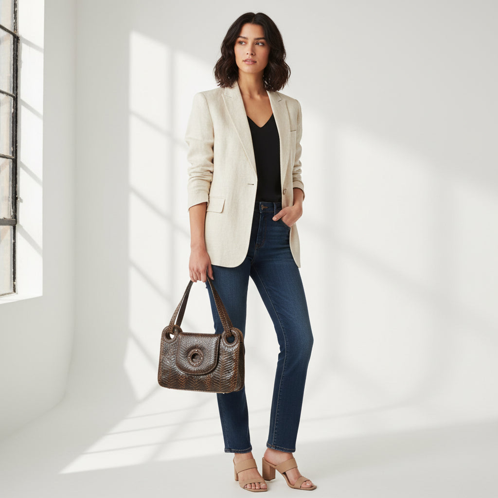 Woman in a beige blazer and blue jeans holding a vintage python  handbag in a bright room.