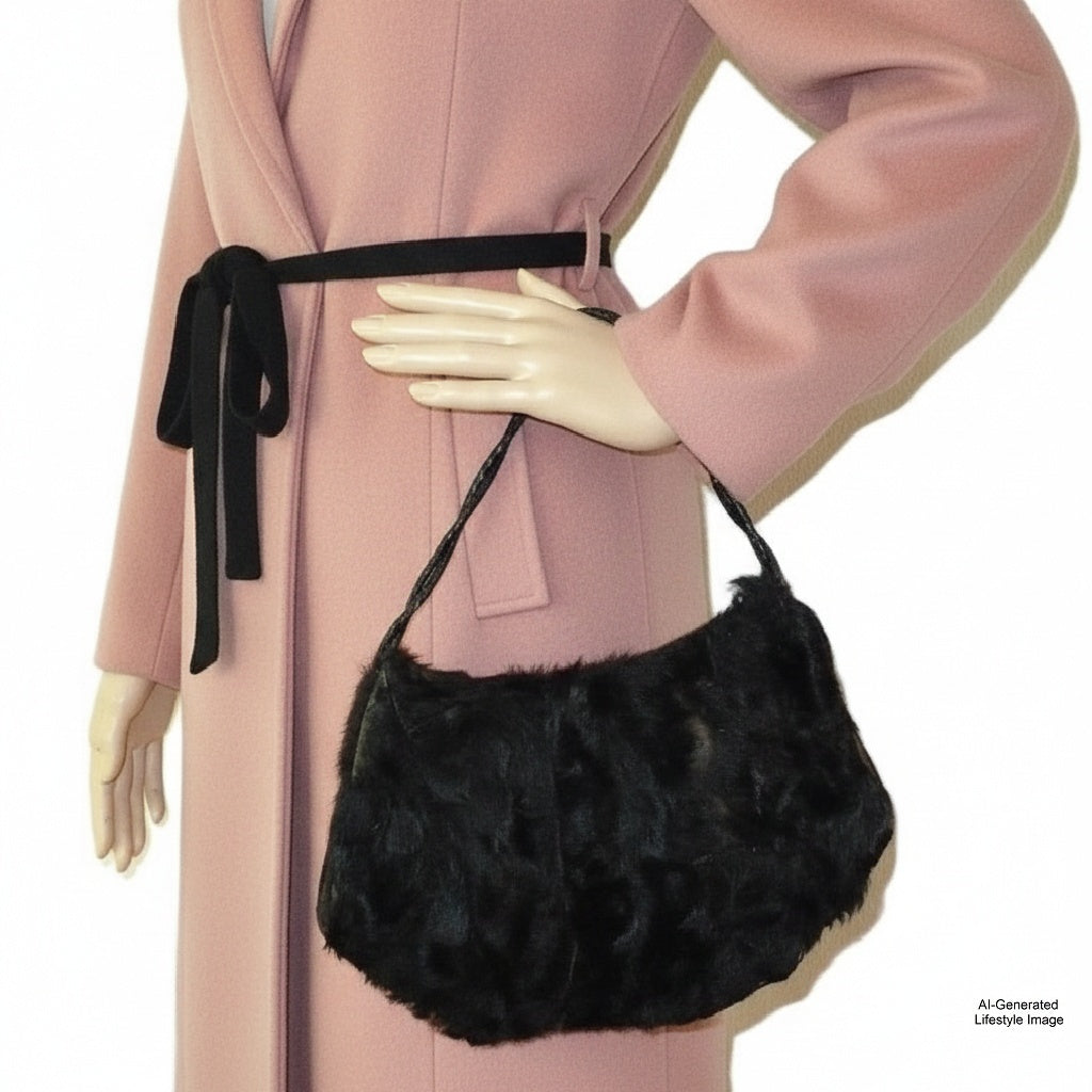 Vintage 1960s black broadtail lamb fur muff handbag worn with a pink coat , displayed on a mannequin.