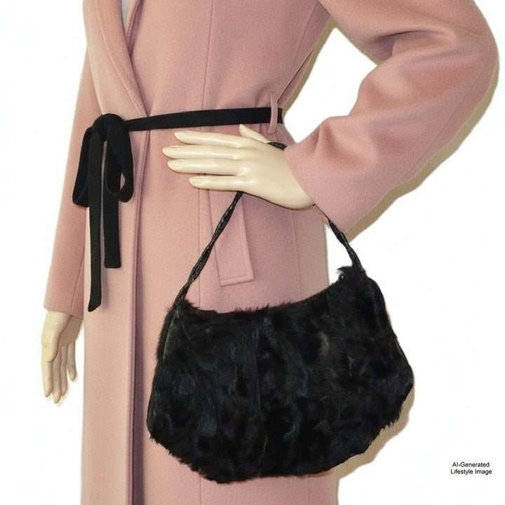 Vintage 1960s black broadtail lamb fur muff handbag worn with a pink coat , displayed on a mannequin.