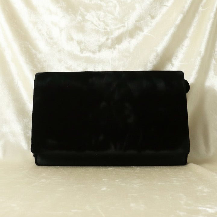 1940s Vintage Black Velvet Anglo-Indian Genuine Gemstone Handbag, back view, creamy velvet background.