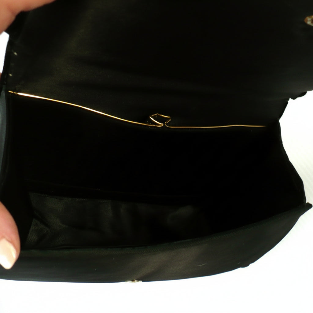 1940s Vintage Black Velvet Anglo-Indian Genuine Gemstone Handbag, onterior view that shows gold trimmed side pockets view.