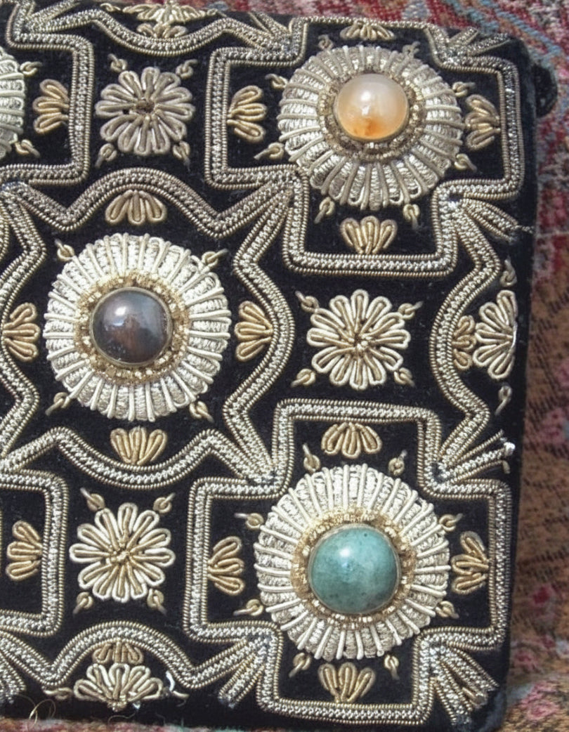 1940s Vintage Black Velvet Anglo-Indian Genuine Gemstone Handbag, enlarged detail view, creamy velvet background.