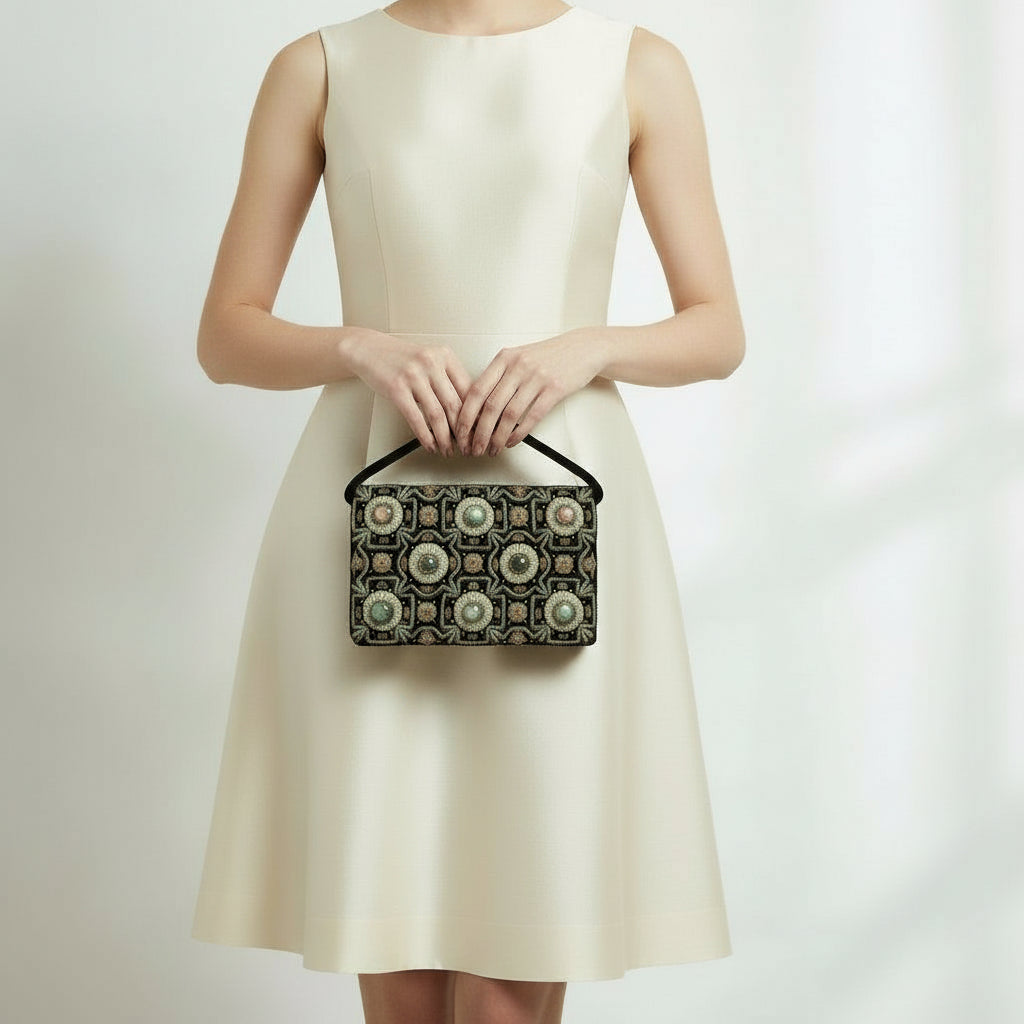 Woman holding a 1940s Vintage Black Velvet Anglo-Indian Genuine Gemstone Handbag, with intricate design against a plain background