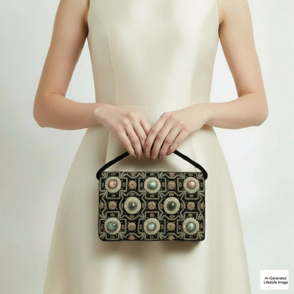 Person holding a decorative clutch bag against a plain background.