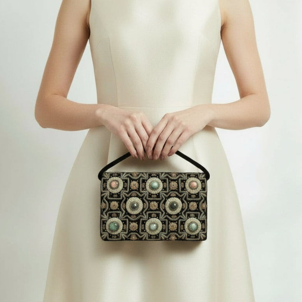 Woman holding a 1940s Vintage Black Velvet Anglo-Indian Genuine Gemstone Handbag, against a plain background