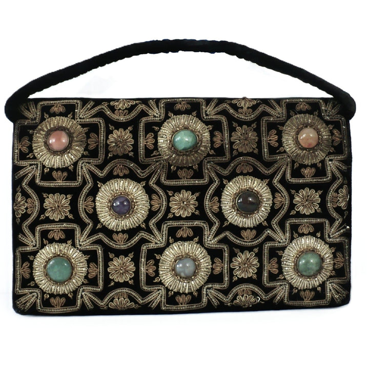 1950s Vintage Black Velvet Anglo-Indian Genuine Gemstone Handbag.