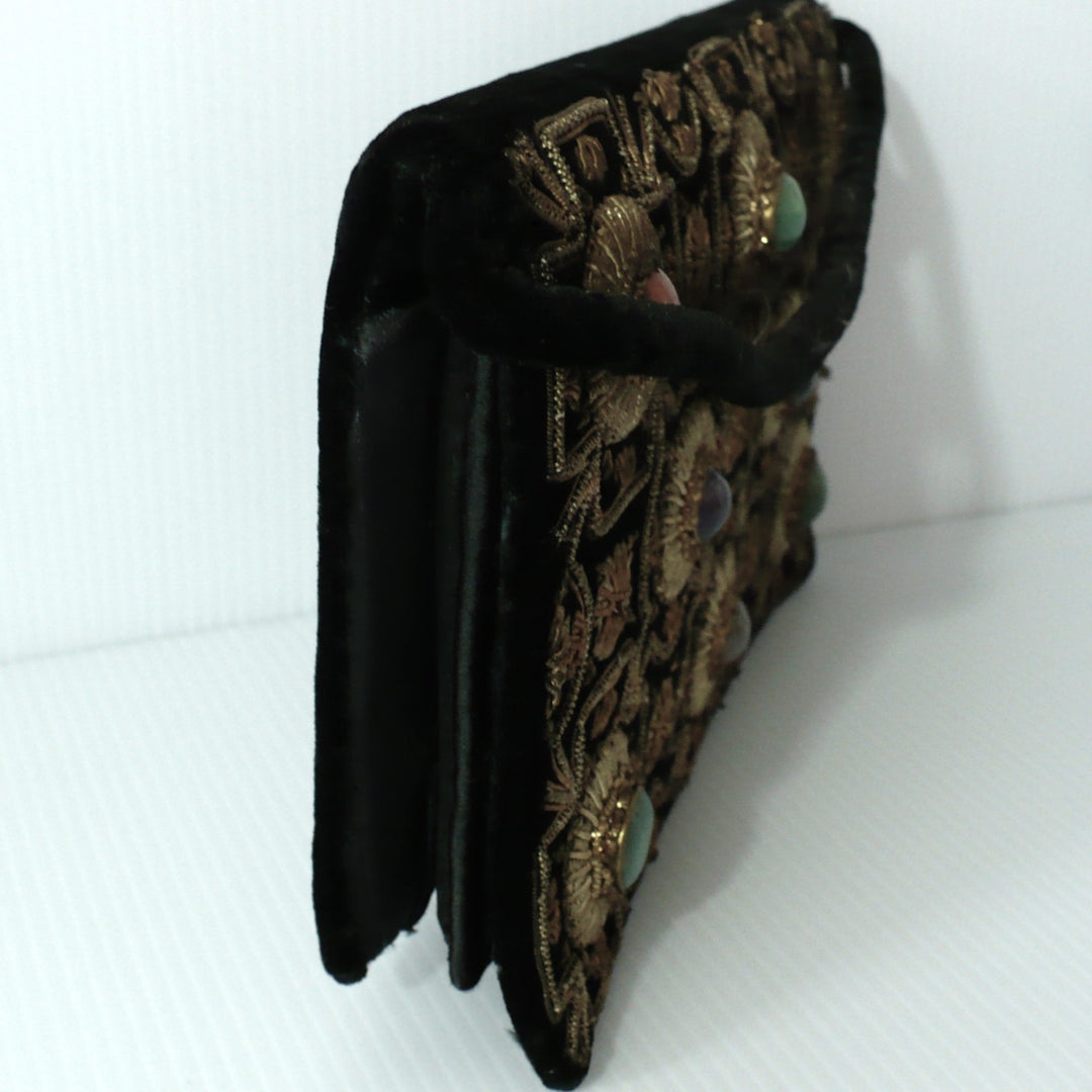 1950s Vintage Black Velvet Anglo-Indian Genuine Gemstone Handbag.