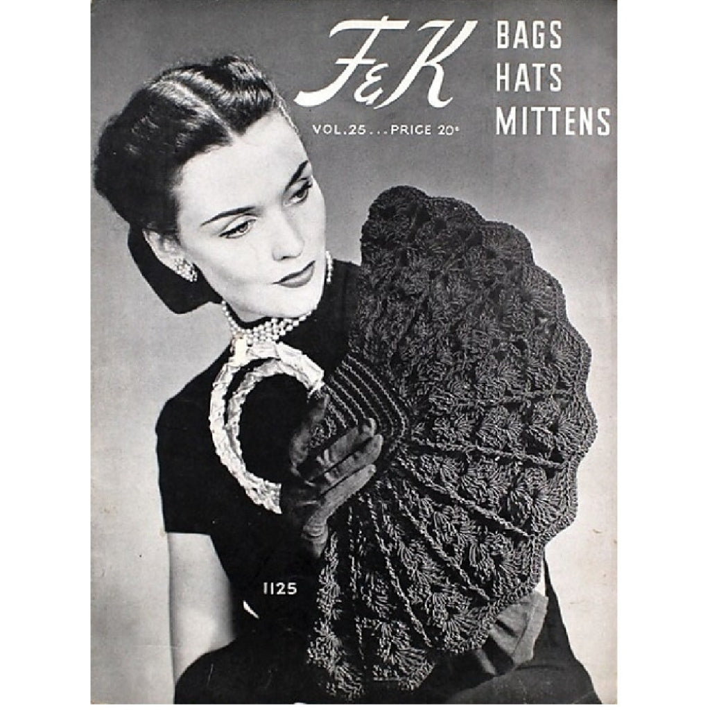 1940s wartime vintage advertisement featuring a woman holding a large handbag with 'F&K' branding.