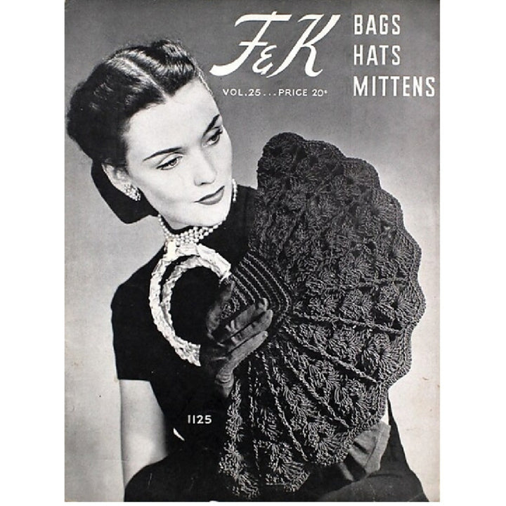 1940s wartime vintage advertisement featuring a woman holding a large handbag with 'F&K' branding.