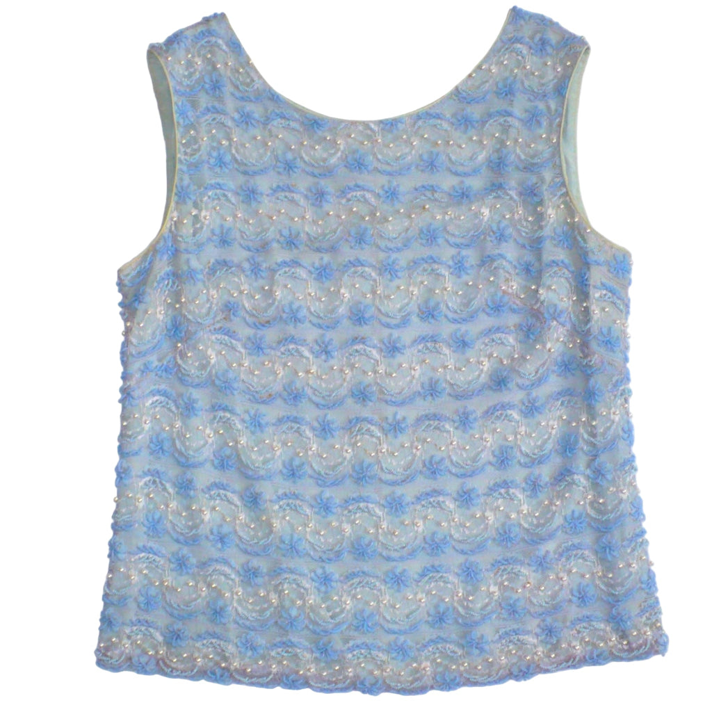 Small 1960s Vintage Periwinkle Blue Beaded Shell Cocktail Top Shirt, flat, with plain background.