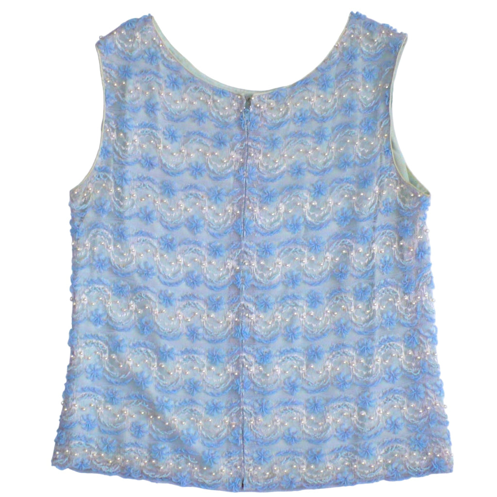 Small 1960s Vintage Periwinkle Blue Beaded Shell Cocktail Top Shirt back view, flat, with plain background. 