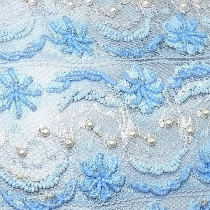 Small 1960s Vintage Periwinkle Blue Beaded Shell Cocktail Top Shirt , detailed enlarged.