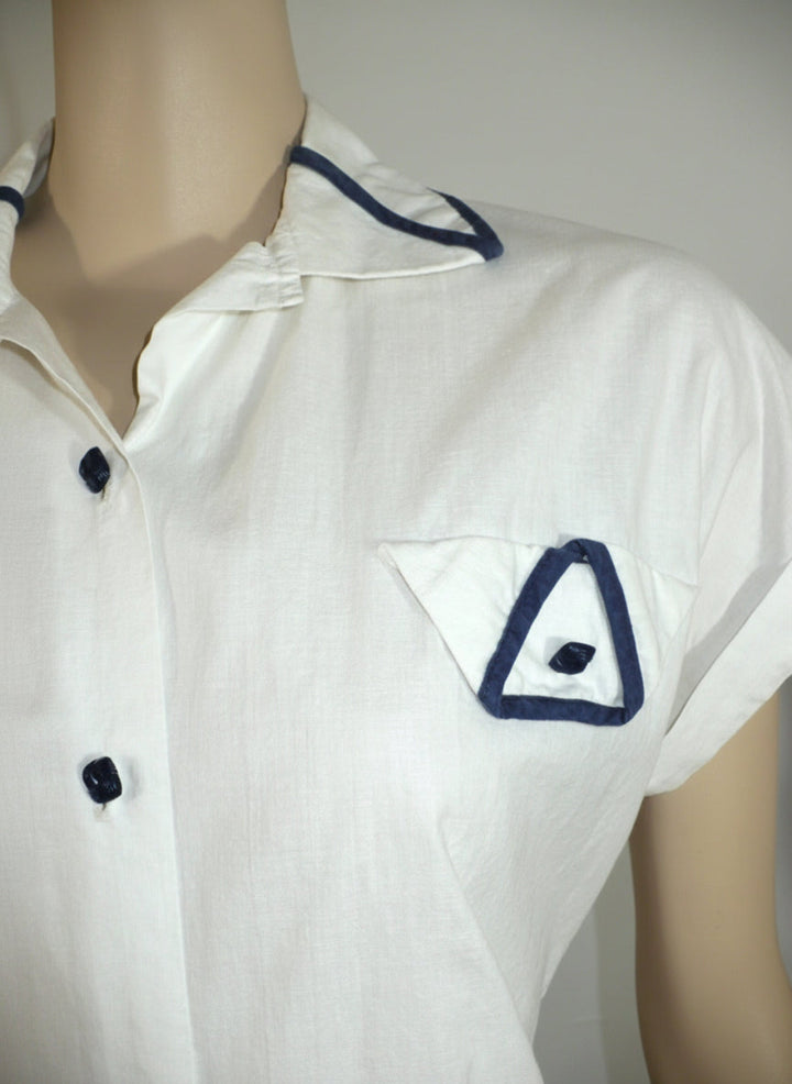 1940 1950 Vintage White Cotton Summer Blouse Navy Trim Nipped Waist.