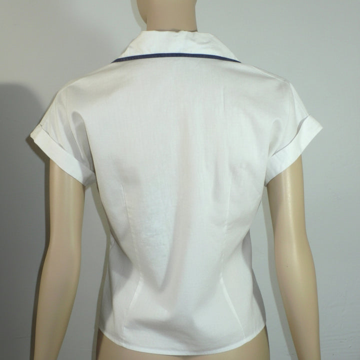 1940 1950 Vintage White Cotton Summer Blouse Navy Trim Nipped Waist.
