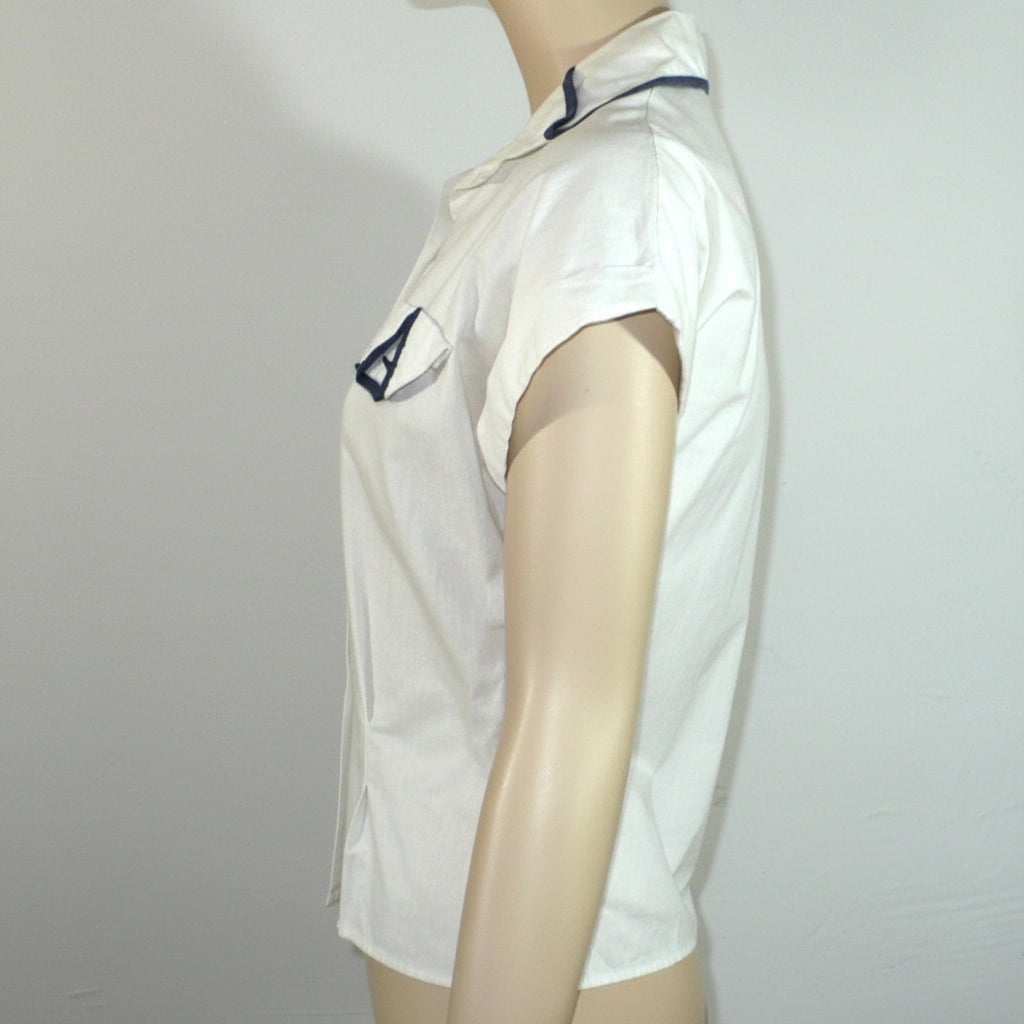 1940 1950 Vintage White Cotton Summer Blouse Navy Trim Nipped Waist.
