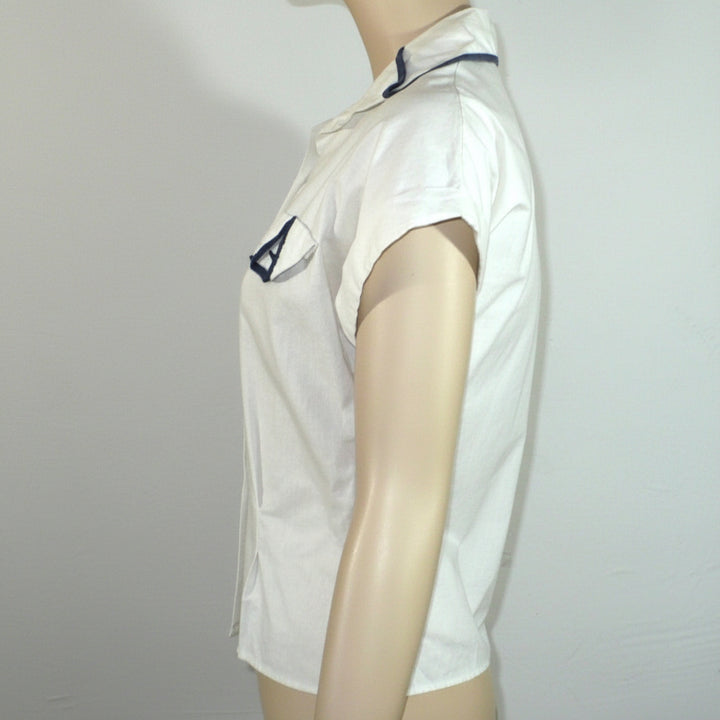 1940 1950 Vintage White Cotton Summer Blouse Navy Trim Nipped Waist.