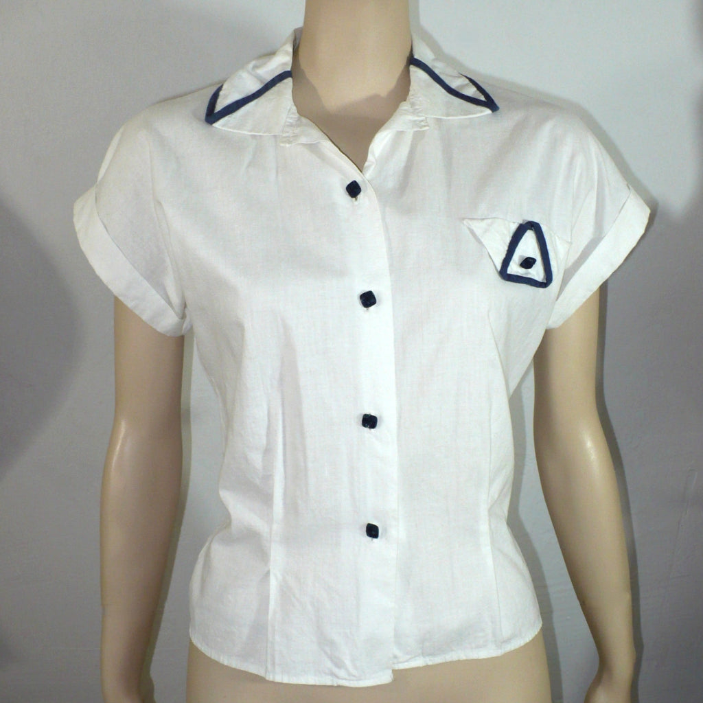 1940 1950 Vintage White Cotton Summer Blouse Navy Trim Nipped Waist.