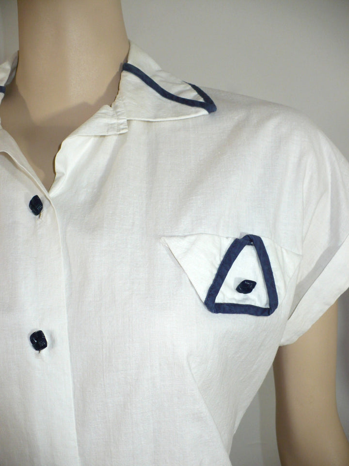 1940 1950 Vintage White Cotton Summer Blouse Navy Trim Nipped Waist.