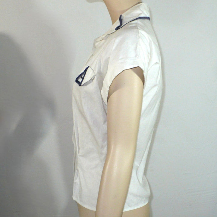 1940 1950 Vintage White Cotton Summer Blouse Navy Trim Nipped Waist.