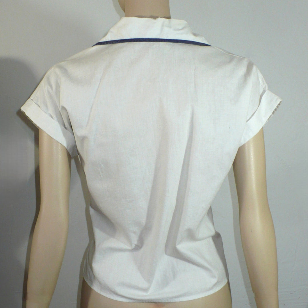 1940 1950 Vintage White Cotton Summer Blouse Navy Trim Nipped Waist.