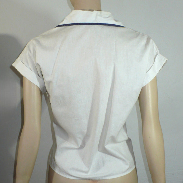 1940 1950 Vintage White Cotton Summer Blouse Navy Trim Nipped Waist.