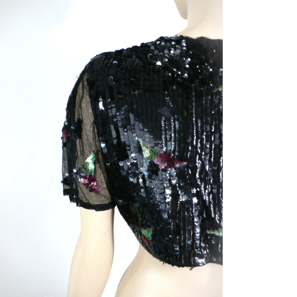 1930s vintage Old Hollywood Glamour gelatin sequins evening bolero, close-up of half of back to show  detail.