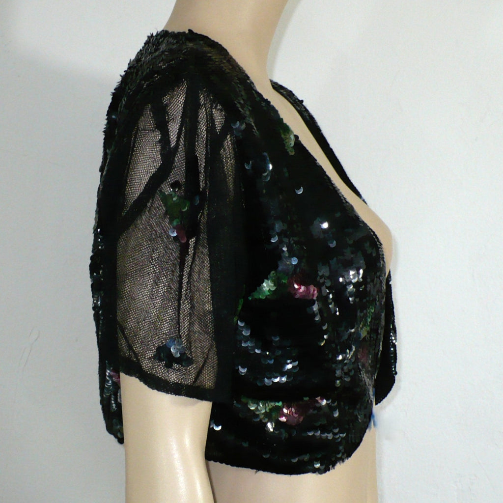 1930s vintage Old Hollywood Glamour gelatin sequins evening bolero, right side view on mannequin.