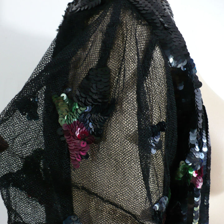 1930s vintage Old Hollywood Glamour gelatin sequins evening bolero, close-up of sleeve detail.