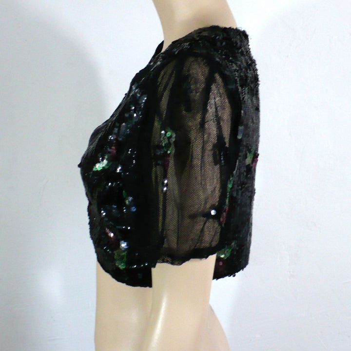 1930s vintage Old Hollywood Glamour gelatin sequins evening bolero, left side view on mannequin.